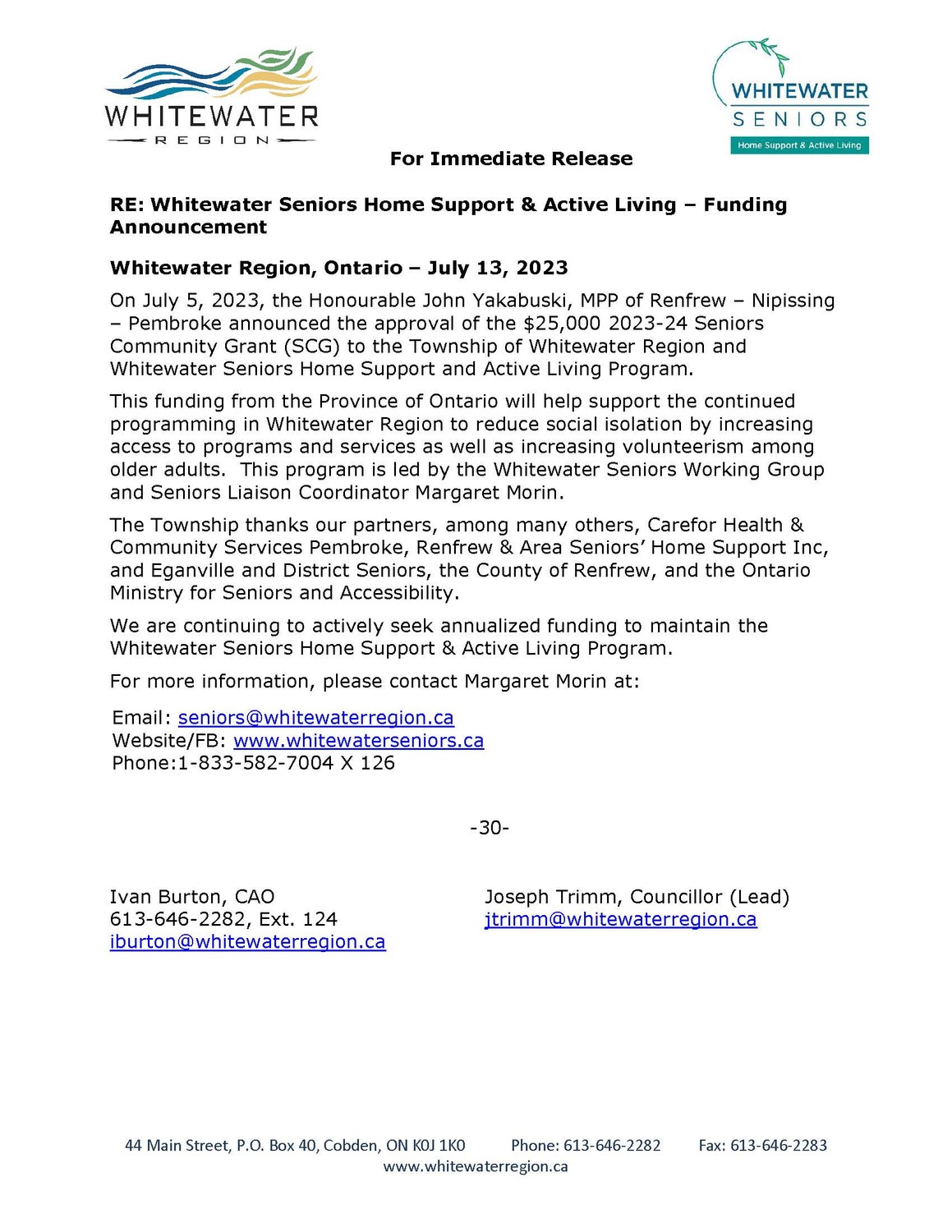 Whitewater Seniors Home Support & Active Living Funding Announcement